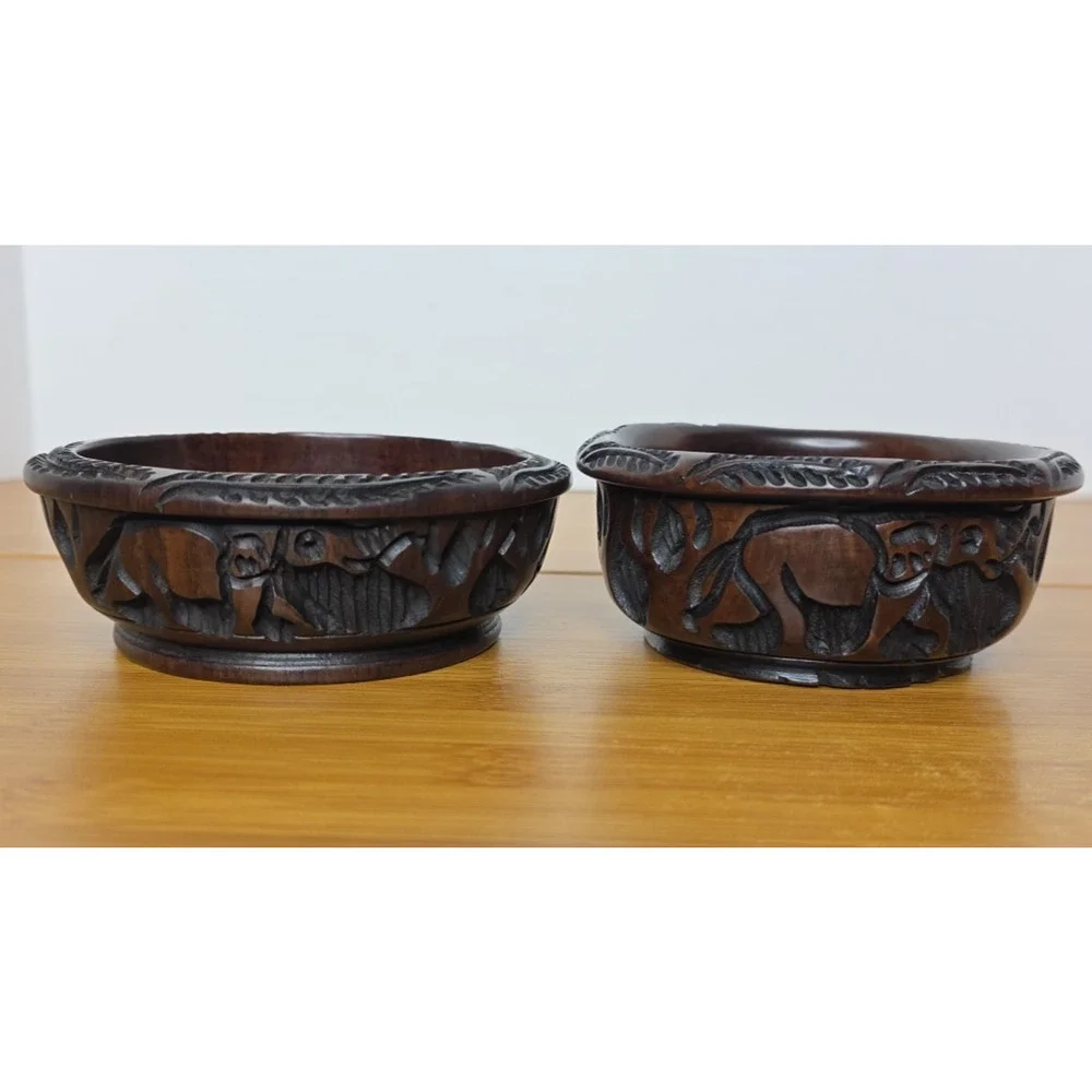 Hand Carved Wood Bowls with African Animals 4 In Diameter Elephant Rhino Lion‎